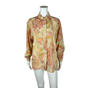 Vintage 70s Novelty Print Top Women's Large Zodiac Orange Pink Button Down Blous